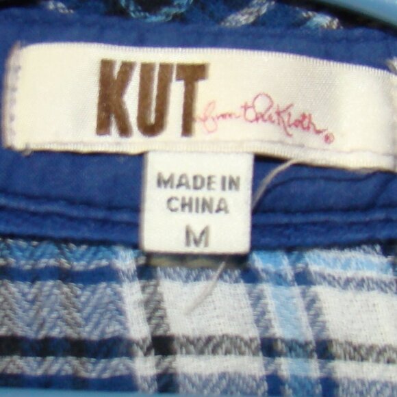 Kut from the Kloth Blue & White Plaid Long Sleeve Snap Front Shirt Size Medium - Picture 8 of 11